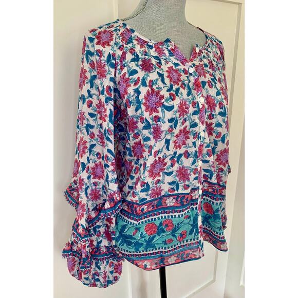 Alicia Bell Floral Tunic in Multicolor Large Pullover Ruffle Sleeve Button Front - Picture 2 of 5
